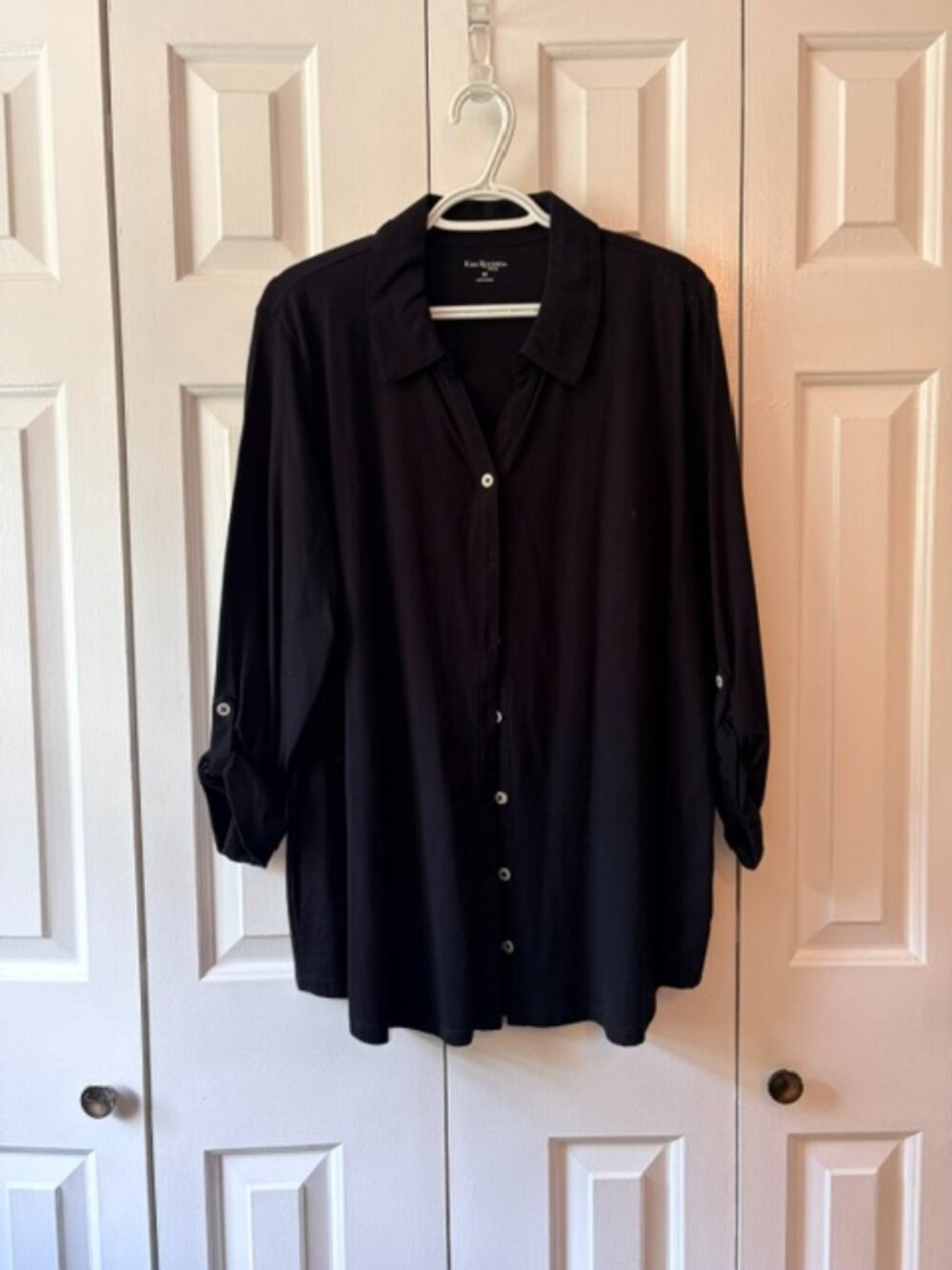 Kim Rogers Curvy 2X Black Button Front Shirt Roll Tab Sleeve 100% Cotton Plus